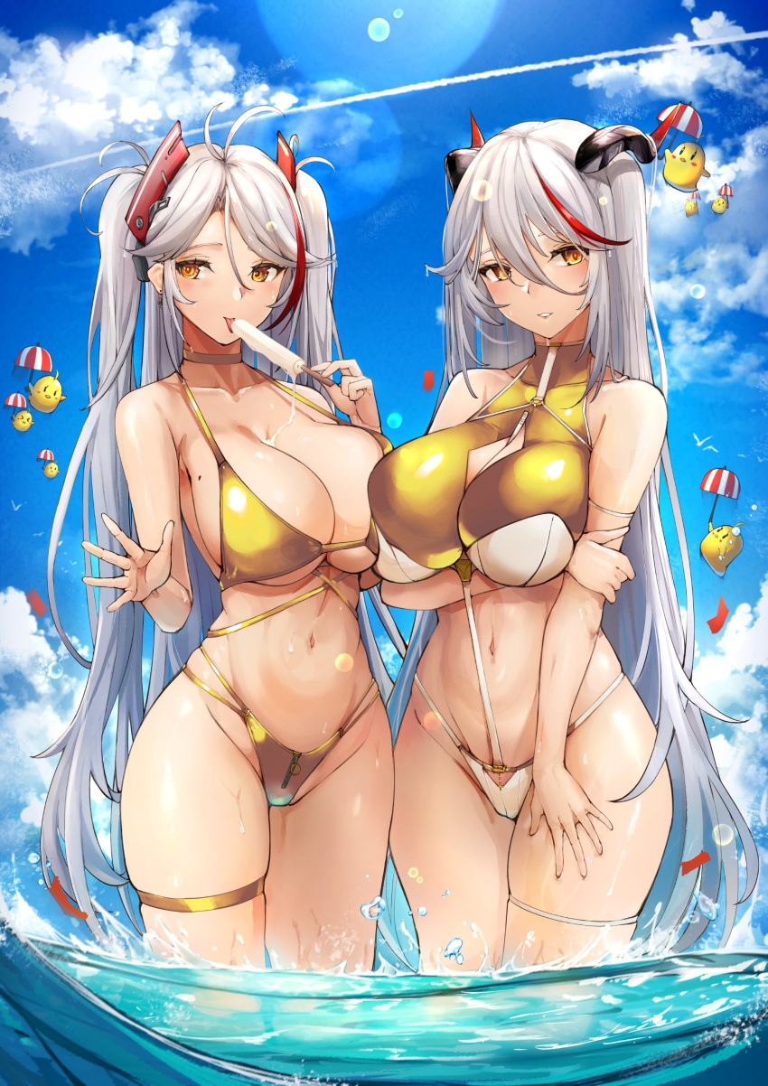 2girls absurdres aegir_(azur_lane) alternate_color alternate_costume azur_lane bare_shoulders bikini bird black_bikini blue_sky blush breasts chick cleavage collarbone day food gold_bikini golden_week hair_ornament highleg highleg_bikini highres horns large_breasts long_hair looking_at_viewer manjuu_(azur_lane) multicolored_hair multiple_girls navel ocean official_alternate_costume outdoors popsicle prinz_eugen_(azur_lane) prinz_eugen_(unfading_smile)_(azur_lane) red_hair sakura_ayane sideboob sky smile stomach streaked_hair swimsuit thigh_strap thighs two-tone two_side_up underboob very_long_hair voice_actor_connection wading wet white_hair yusha_m