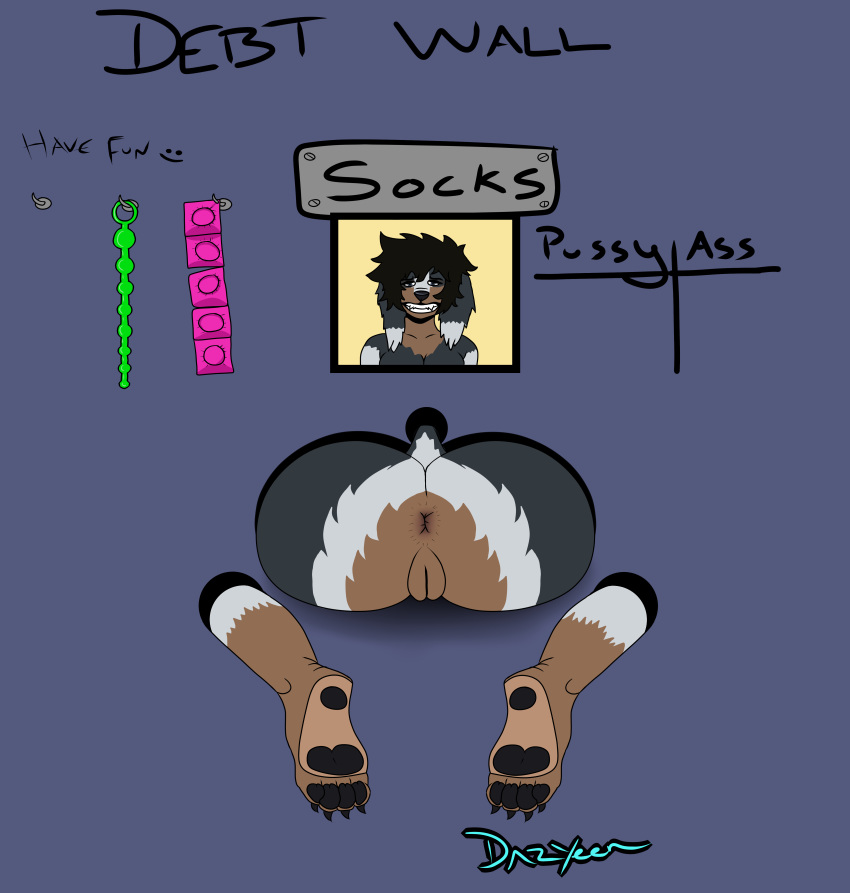 absurd_res anal_beads anthro anus artist_dazyeen canid canine canis character_socks(dazyeen) chart clothing condom dachshund debt domestic_dog feet female footwear genitals glory_hole hi_res hole_in_wall hunting_dog mammal photo place portrait_(object) public_use pussy sex_toy sexual_barrier_device socks soles solo