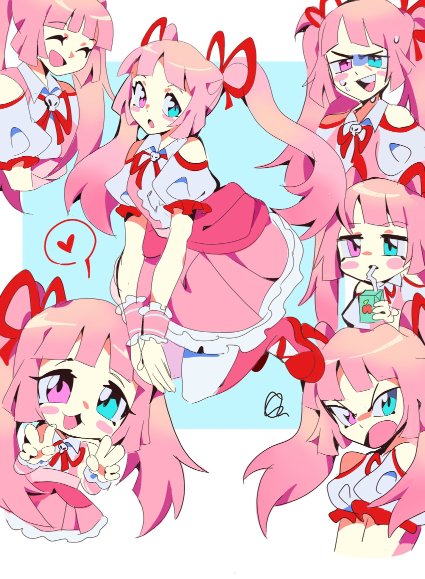 1girl apple_juice aqua_eyes bare_shoulders commission double_v dress frilled_dress frills hair_ribbon heart heterochromia highres looking_at_viewer pantyhose pink_dress pink_eyes pink_hair puffy_short_sleeves puffy_sleeves red_footwear red_ribbon ribbon short_sleeves sketch twintails v white_pantyhose wrist_cuffs yen0028