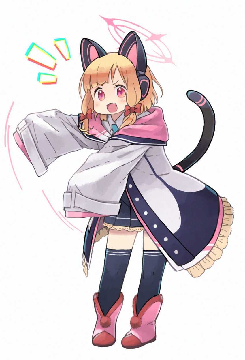 1girl :d absurdres animal_ear_headphones animal_ears black_skirt black_thighhighs blonde_hair blue_archive blue_necktie boots bow collared_shirt commentary_request fake_animal_ears frilled_jacket frills full_body hair_bow halo headphones highres hood hood_down hooded_jacket jacket long_sleeves looking_at_viewer momoi_(blue_archive) necktie nishimura_(prism_engine) notice_lines pink_eyes pink_footwear pleated_skirt red_bow shirt sidelocks simple_background skirt sleeves_past_fingers sleeves_past_wrists smile solo standing tail thighhighs thighhighs_under_boots v-shaped_eyebrows white_background white_jacket white_shirt wide_sleeves