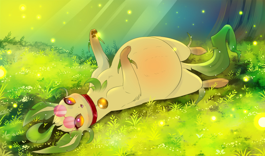 2023 3_toes accessory belly black_kitty black_nose blush brown_eyes brown_pawpads collar digital_drawing_(artwork) digital_media_(artwork) eeveelution eyelashes eyewear eyewear_on_head fangs feet female feral fur generation_4_pokemon grass hi_res leaf leaf_hair leaf_tail leafeon legs_up long_ears looking_at_viewer lying mammal multicolored_body multicolored_fur nintendo on_back open_mouth pawpads paws pink_eyewear pink_sunglasses plant plant_hair pokemon pokemon_(species) pregnant pregnant_female pregnant_feral pseudo_hair red_collar small_nose smile solo sparkles sunglasses sunglasses_on_head tag tail tan_body tan_fur teeth toes tongue tree