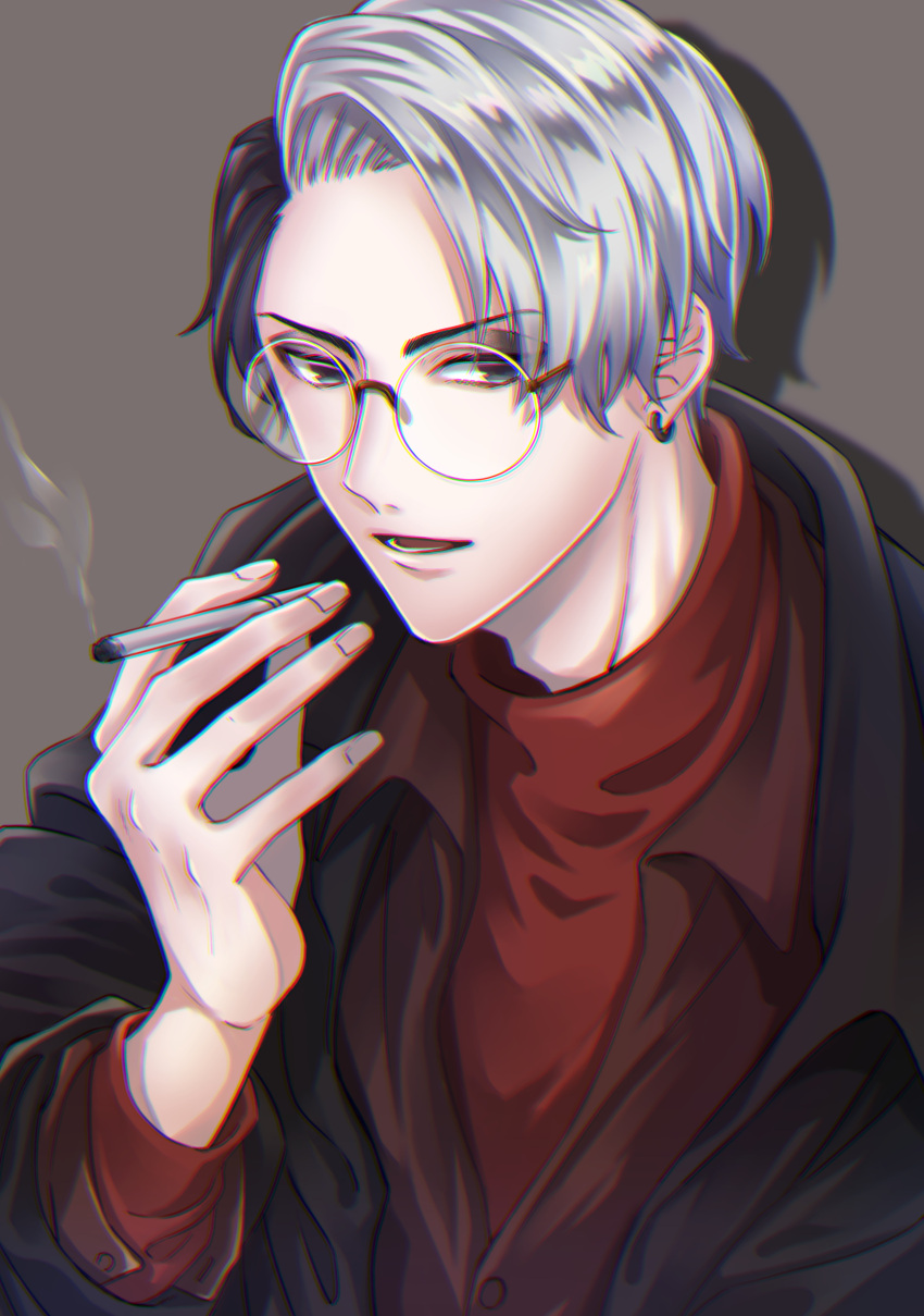 1boy absurdres bespectacled black_hair black_jacket buttons chromatic_aberration cigarette collared_jacket collared_shirt commentary_request divus_crewel earrings eyeshadow glasses grey_background grey_eyes hand_up highres holding holding_cigarette jacket jewelry kurosuke-s layered_sleeves long_sleeves looking_at_viewer makeup male_focus multicolored_hair open_clothes open_collar open_jacket open_mouth red_shirt round_eyewear shadow shirt short_hair simple_background smoke solo split-color_hair teeth turtleneck twisted_wonderland two-tone_hair upper_body white_hair