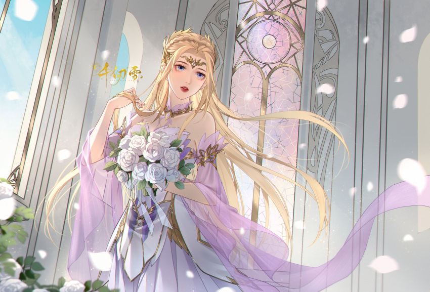 1girl artist_request bare_shoulders blonde_hair blue_eyes bouquet braid cathedral detached_sleeves douluo_dalu falling_petals flower hair_ornament hand_in_own_hair highres holding holding_bouquet long_hair long_sleeves looking_to_the_side parted_lips petals qian_renxue_(douluo_dalu) second-party_source solo teeth upper_body white_flower window