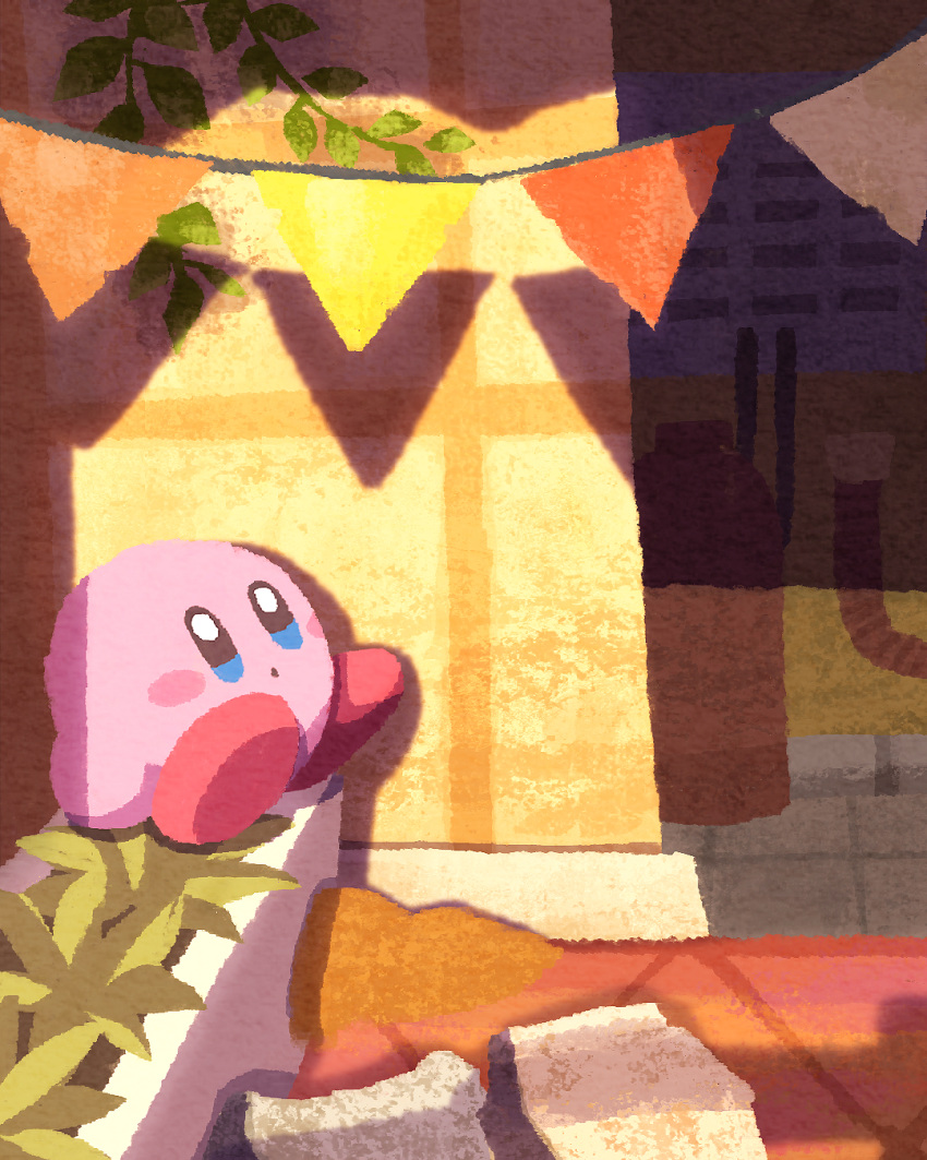 blue_eyes blush_stickers evening highres kirby kirby_(series) looking_at_viewer miclot open_mouth pink_footwear plant potted_plant shoes sitting string_of_flags ventilation_shaft