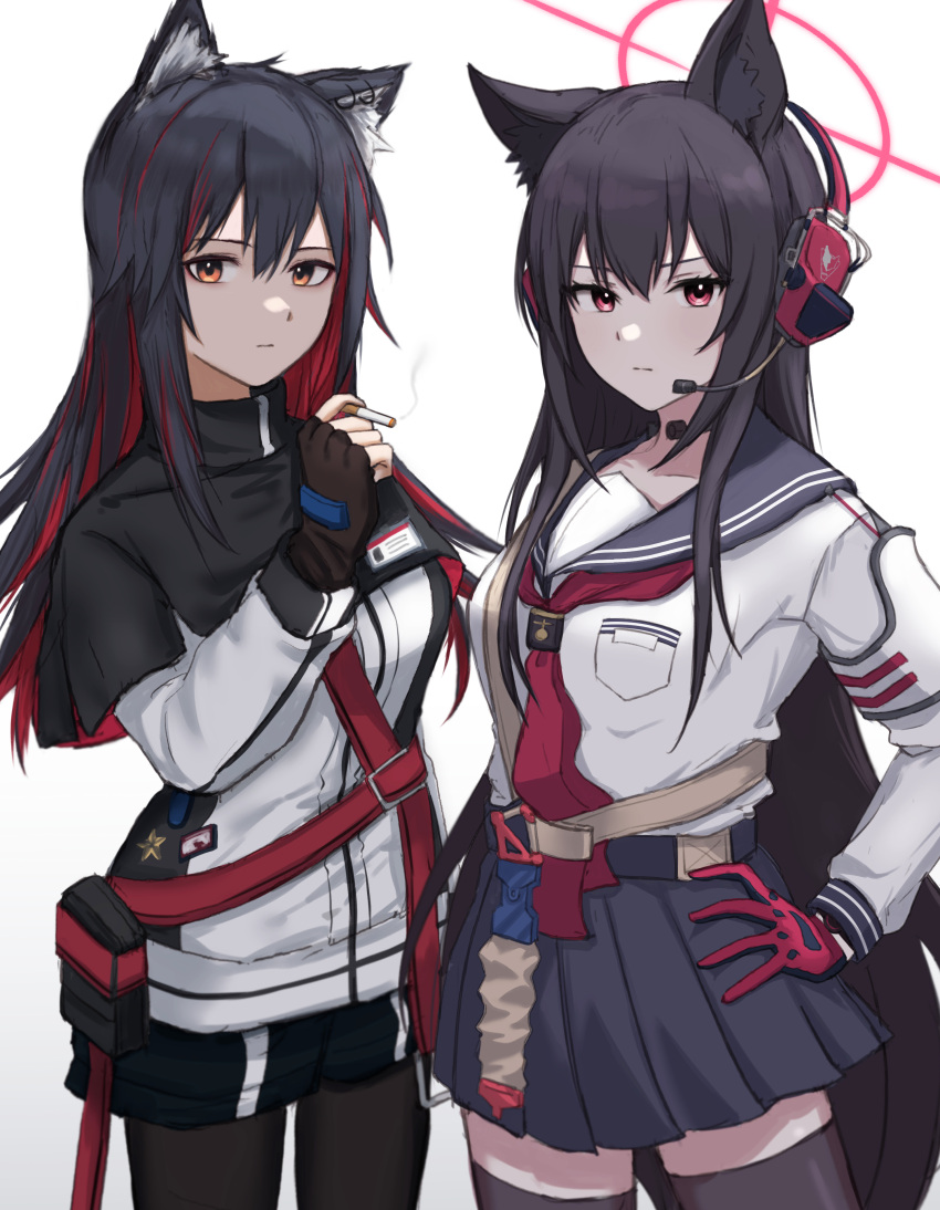 2girls absurdres animal_ear_fluff animal_ears arknights belt black_gloves black_hair black_pantyhose black_skirt black_thighhighs blue_archive breast_pocket cigarette collarbone colored_inner_hair commentary_request earrings fingerless_gloves fox_ears fox_tail gloves hair_between_eyes halo hand_on_own_hip headset highres holding holding_cigarette id_card jewelry long_hair long_sleeves look-alike looking_at_viewer multicolored_hair multiple_girls orange_eyes pantyhose pleated_skirt pocket red_eyes red_gloves school_uniform serafuku shoulder_belt sidelocks simple_background skirt smoke smoking suzutaro tail texas_(arknights) thighhighs two-tone_gloves two-tone_hair white_background wolf_ears wolf_girl yukino_(blue_archive) zettai_ryouiki