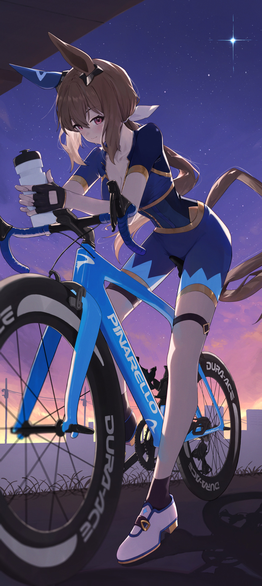 1girl absurdres admire_vega_(umamusume) animal_ears bicycle bike_jersey bike_shorts black_gloves blue_shorts bottle breasts brown_hair cleavage commentary commission gloves hair_ornament hair_ribbon highres holding holding_bottle horse_ears horse_girl horse_tail light_smile long_hair looking_at_viewer low_ponytail medium_breasts ningen_gokko outdoors partially_fingerless_gloves pixiv_commission power_lines purple_eyes ribbon road_bicycle shorts solo star_(sky) sweat tail thigh_strap tight_clothes twilight umamusume water_bottle white_footwear white_ribbon