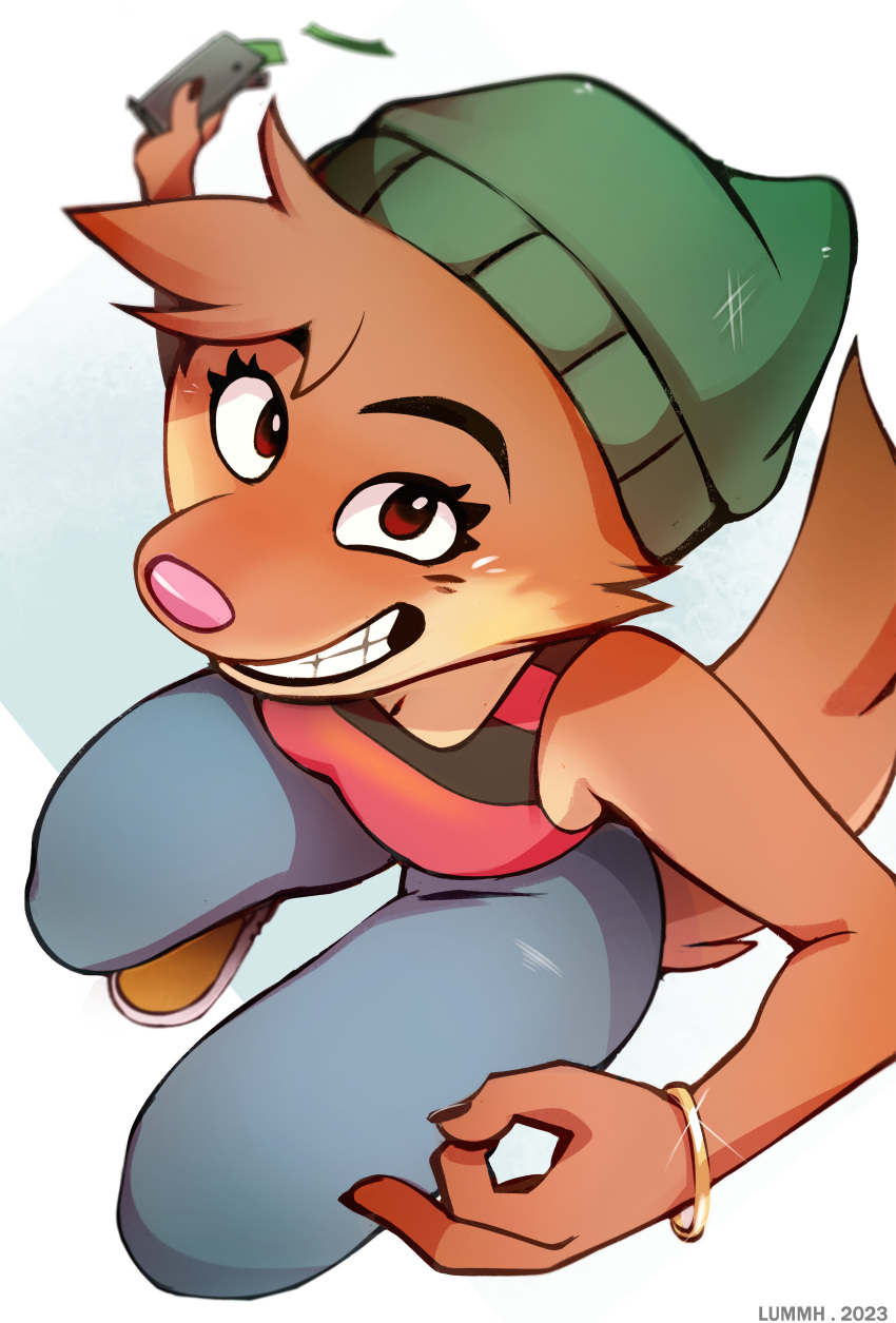 absurd_res anthro beanie bottomwear bracelet breasts brown_body brown_eyes brown_fur canid canine canis chilllum cleavage clothed clothing countershade_face countershade_tail countershading denim denim_clothing dreamworks fan_character female fox fur gesture hat headgear headwear hi_res hybrid jeans jewelry looking_at_viewer mammal money offspring ok_sign pants pink_nose shirt smile smiling_at_viewer solo tail tank_top the_bad_guys topwear wallet wolf