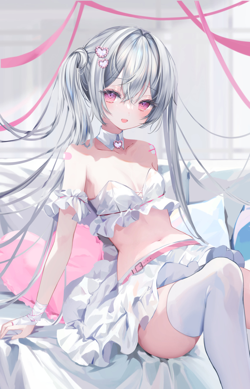 1girl bandaid bandaid_on_shoulder blush breasts collarbone crop_top detached_collar frilled_skirt frills grey_hair hair_between_eyes hair_ornament heart heart_hair_ornament heart_pillow highres long_hair looking_at_viewer midriff moemoepiano navel open_mouth original pillow pink_eyes shirt sitting skirt small_breasts solo thighhighs twintails white_shirt white_thighhighs