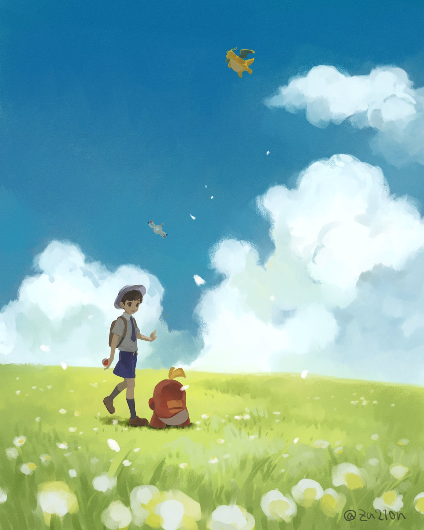 1boy backpack bag blue_sky cloud day dragonite field florian_(pokemon) flower flower_field fuecoco grass hat highres holding holding_poke_ball magnemite male_focus outdoors petals poke_ball poke_ball_(basic) pokemon pokemon_(game) pokemon_sv shirt shorts sky socks twitter_username walking white_flower white_headwear white_shirt yellow_flower za210n