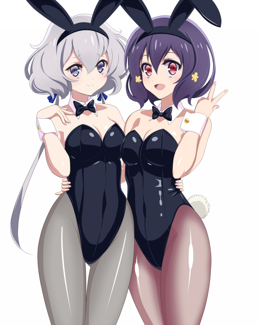 animal_ears black_bow black_bowtie black_hair black_leotard black_pantyhose blue_eyes bow bowtie breasts cleavage commentary_request detached_collar feet_out_of_frame hair_ornament highres konno_junko leotard low_twintails medium_breasts mizuno_ai one-hour_drawing_challenge pantyhose pirochi playboy_bunny rabbit_ears red_eyes short_hair simple_background strapless strapless_leotard thigh_gap twintails upper_body white_background white_hair wrist_cuffs zombie_land_saga zoom_layer