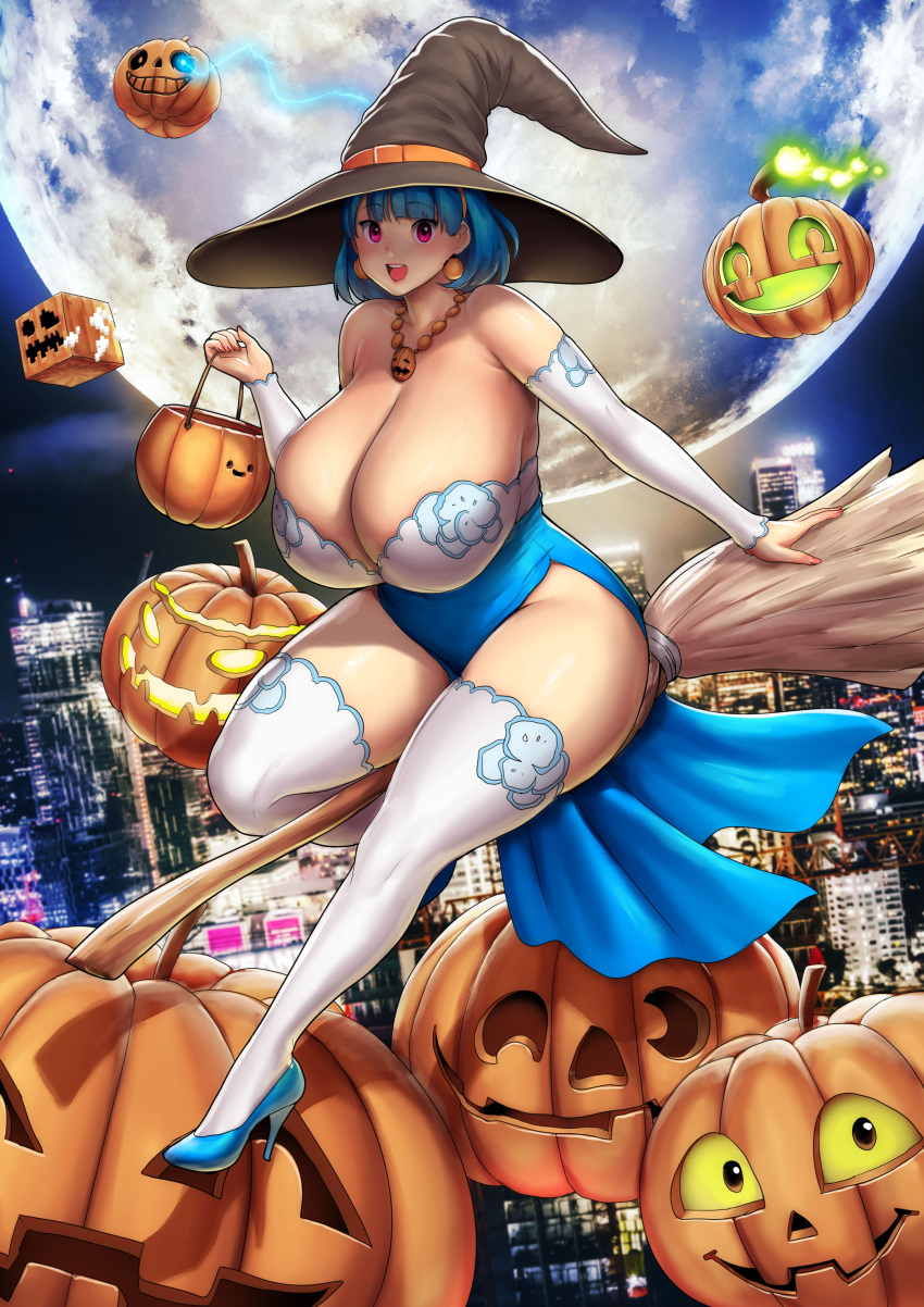 1girl absurdres aqua_footwear bare_shoulders blue_dress blue_hair breasts broom broom_riding cityscape closed_mouth dress earrings erkaz halloween hat high_heels highres huge_breasts jack-o'-lantern jewelry looking_at_viewer medium_hair minecraft moon necklace night open_mouth original outdoors print_thighhighs red_eyes rina_atherina sans shadow side_slit solo thighhighs white_thighhighs witch_hat