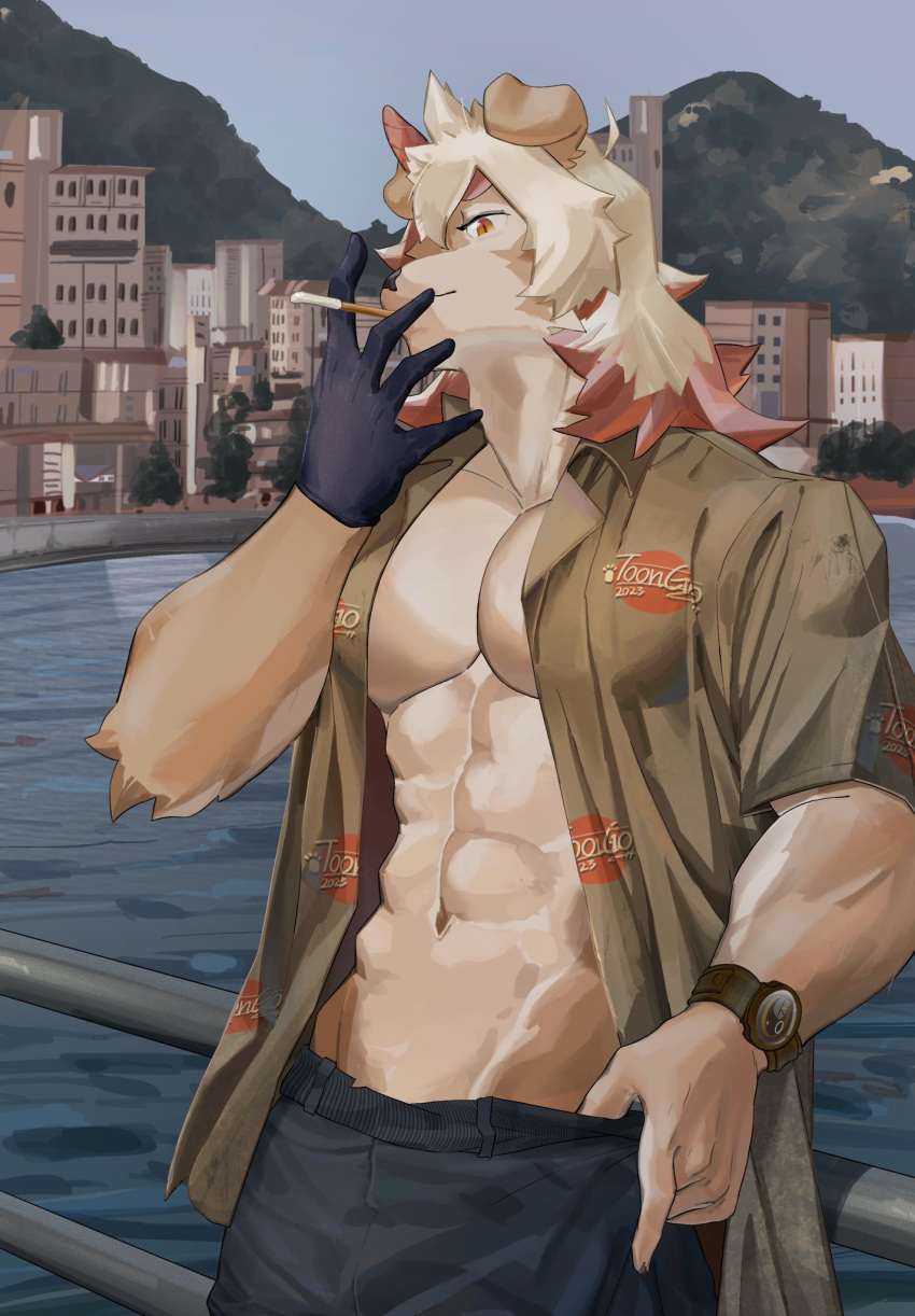 2023 abs anthro arknights bottomwear canid canine canis cigarette clothed clothing detailed_background domestic_dog fur hair hi_res horn hung_(arknights) hypergryph long_hair male mammal muscular muscular_anthro muscular_male navel orange_hair pants partially_clothed smoking smoking_cigarette solo studio_montagne tan_body tan_fur trtoutoongo white_hair yellow_eyes
