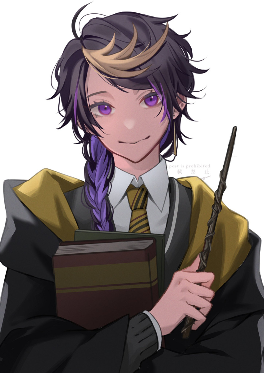 1boy ahoge black_hair black_jacket black_robe blonde_hair book braid closed_mouth collared_shirt commentary diagonal-striped_necktie english_commentary eyelashes hair_over_shoulder harry_potter_(series) highres holding holding_wand hood hood_down hooded_robe hufflepuff hugging_object jacket long_hair long_sleeves looking_at_viewer male_focus necktie nijisanji nijisanji_en parted_bangs pink_hair purple_eyes purple_hair robe shirt shu_yamino sidelocks simple_background single_braid smile solo striped_necktie swept_bangs tsugu_(tsugu_823) upper_body virtual_youtuber wand watermark white_background white_shirt wing_collar wizarding_world yellow_necktie