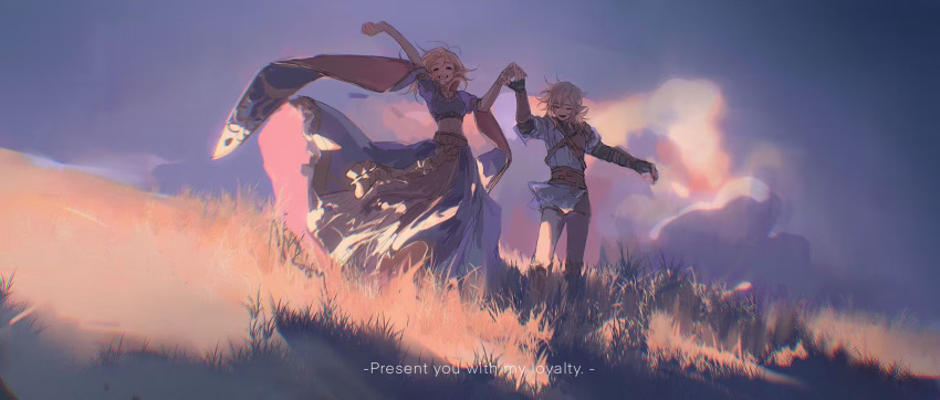 1boy 1girl blonde_hair blue_dress blue_tunic breasts closed_mouth dress earrings fingerless_gloves gloves grass grin hetero highres holding_hands jewelry ji_yuyun link long_dress low_ponytail medium_breasts medium_hair outdoors outstretched_arms parted_bangs pointy_ears princess_zelda sidelocks smile teeth the_legend_of_zelda the_legend_of_zelda:_breath_of_the_wild the_legend_of_zelda:_tears_of_the_kingdom wide_sleeves
