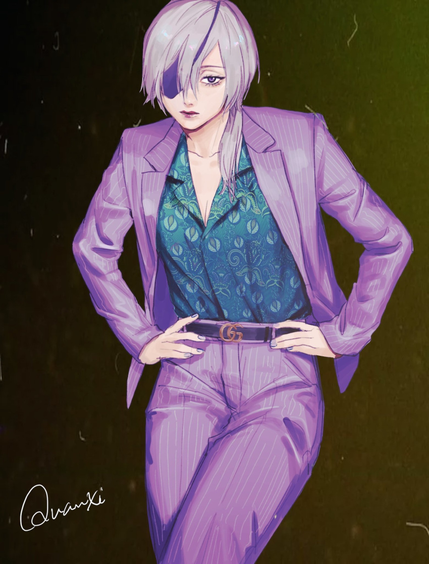 1girl blue_shirt chainsaw_man character_name cowboy_shot drgryu750 eyepatch grey_hair hair_over_shoulder hands_on_own_hips hawaiian_shirt highres jacket long_hair looking_at_viewer pants ponytail purple_jacket purple_pants quanxi_(chainsaw_man) shirt shirt_tucked_in solo striped striped_jacket striped_pants