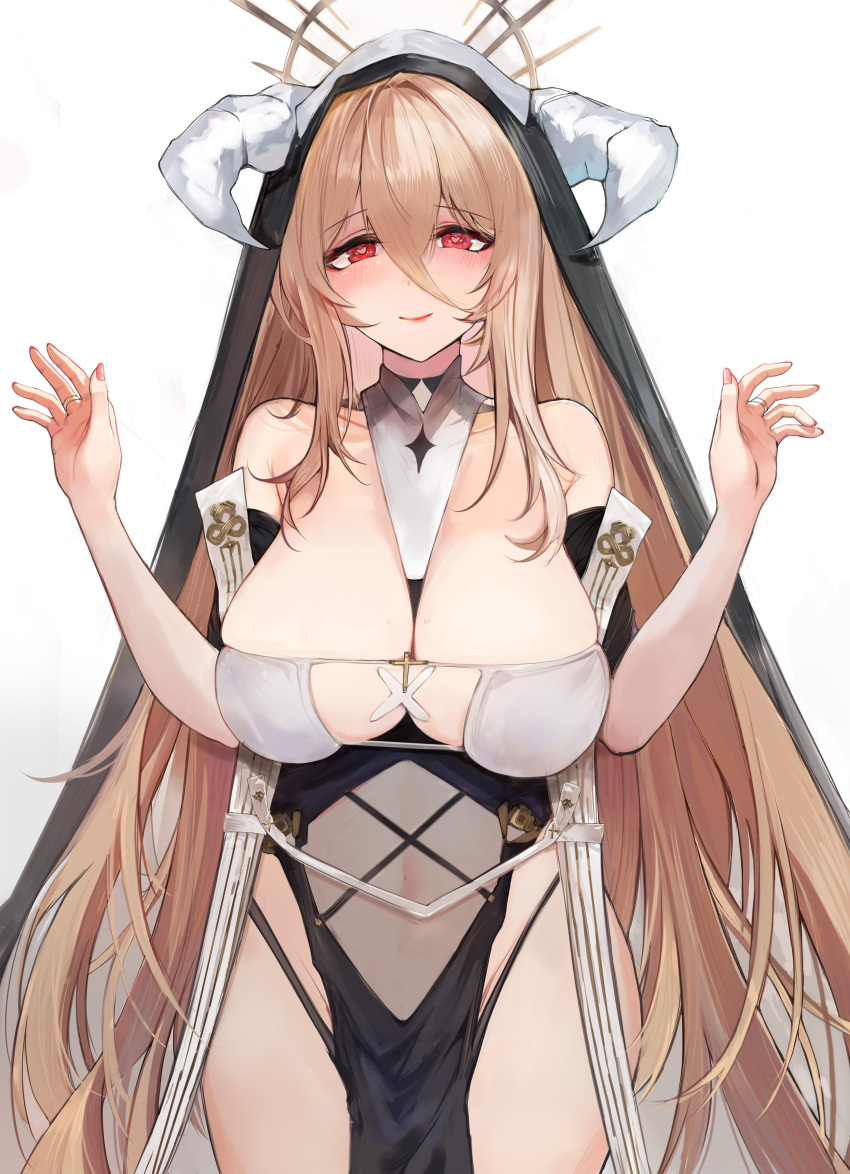 1girl 24sui absurdres azur_lane between_breasts black_gloves blonde_hair blush breast_cutout breasts cleavage covered_navel gloves habit half_gloves highres horns huge_breasts implacable_(azur_lane) large_breasts long_bangs long_hair looking_at_viewer nun pelvic_curtain red_eyes revealing_clothes shirt_slip simple_background solo thighhighs thighs two-tone_dress veil white_background white_horns white_thighhighs