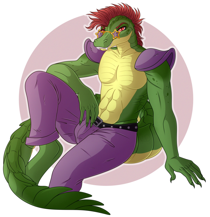 abs absurd_res alligator alligatorid anthro bottomwear bulge claws clothed clothing collarmecandy crocodilian eyebrows eyewear five_nights_at_freddy's five_nights_at_freddy's:_security_breach glasses hair hi_res looking_at_viewer male montgomery_gator_(fnaf) muscular pants pecs red_eyes reptile scales scalie scottgames solo star_sunglasses steel_wool_studios sunglasses teeth