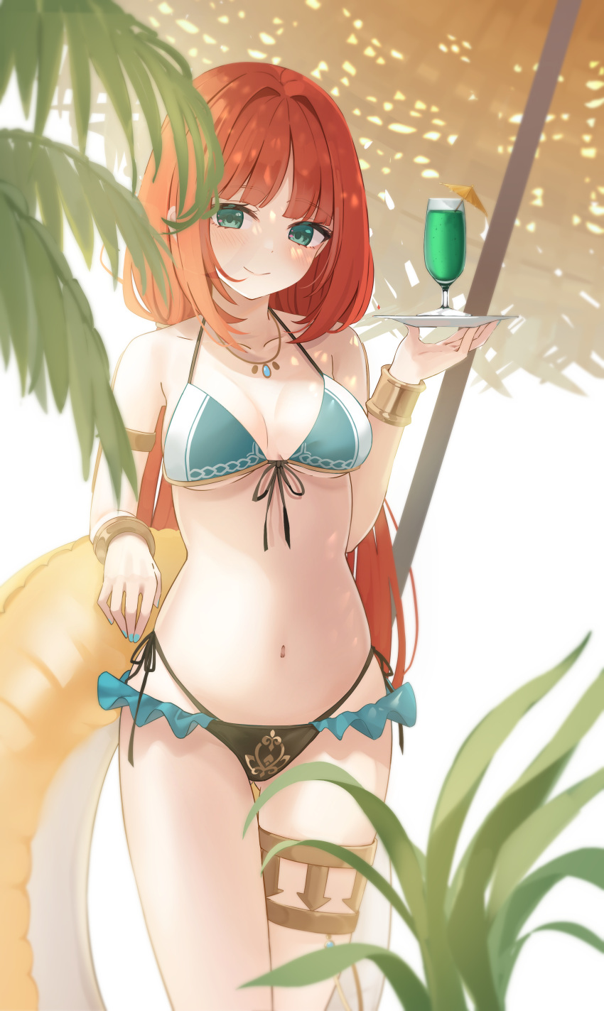 1girl absurdres alternate_costume beach_umbrella bikini black_bikini blue_bikini blue_nails blunt_bangs blush breasts closed_mouth commentary_request cup drinking_glass feet_out_of_frame front-tie_bikini_top front-tie_top genshin_impact green_eyes halterneck highleg highleg_bikini highres holding holding_plate innertube jewelry long_hair looking_at_viewer navel necklace nilou_(genshin_impact) opm7760 plate red_hair small_breasts smile solo standing swimsuit thighs umbrella very_long_hair wine_glass