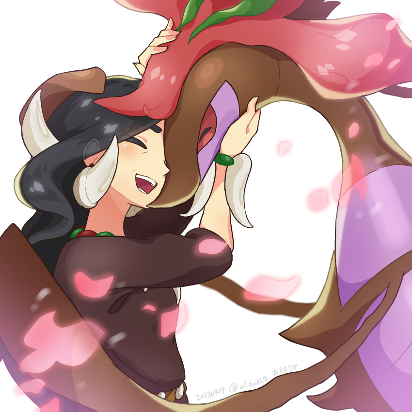 1girl absurdres arutarika_(ri_kaoekaki) bead_necklace beads black_hair bracelet closed_eyes dated dragalge drasna_(pokemon) earrings highres hug jewelry long_hair necklace open_mouth pokemon pokemon_(creature) pokemon_(game) pokemon_xy teeth twitter_username upper_body white_background