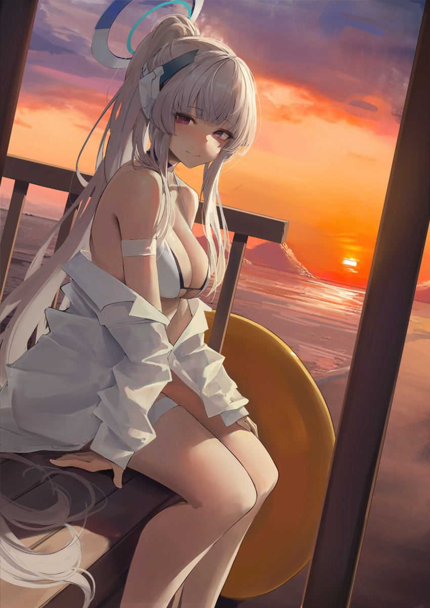 1girl bikini blue_archive blue_halo blunt_bangs blush breasts cleavage closed_mouth hair_between_eyes halo hand_on_own_leg highres jacket knees large_breasts legs leviathan_(hikinito0902) long_hair looking_at_viewer mechanical_halo noa_(blue_archive) ocean orange_sky outdoors pink_eyes ponytail sidelocks sitting sky smile solo sunset swimsuit very_long_hair water white_bikini white_hair white_jacket