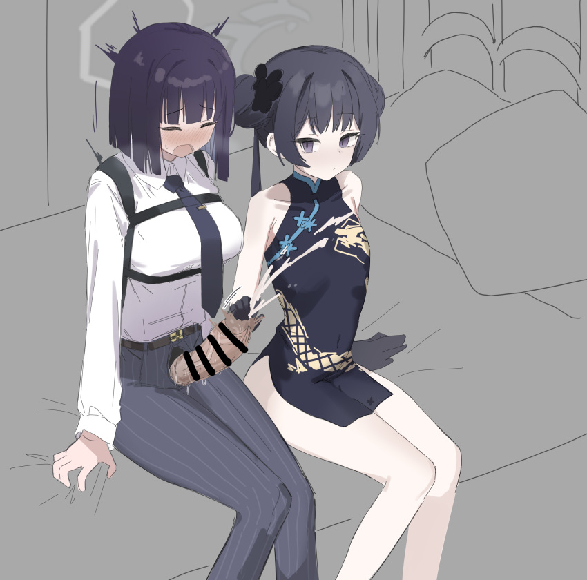 2girls absurdres bar_censor bare_shoulders black_dress black_gloves black_hair black_necktie black_pants blue_archive blush censored china_dress chinese_clothes closed_eyes collared_shirt double_bun dragon_print dress erection futa_with_female futanari glansjob gloves hair_bun halo handjob highres kisaki_(blue_archive) long_hair long_sleeves makura_u9b multiple_girls necktie on_bed open_mouth pants penis penis_out purple_hair shirt sitting sleeveless sleeveless_dress white_shirt