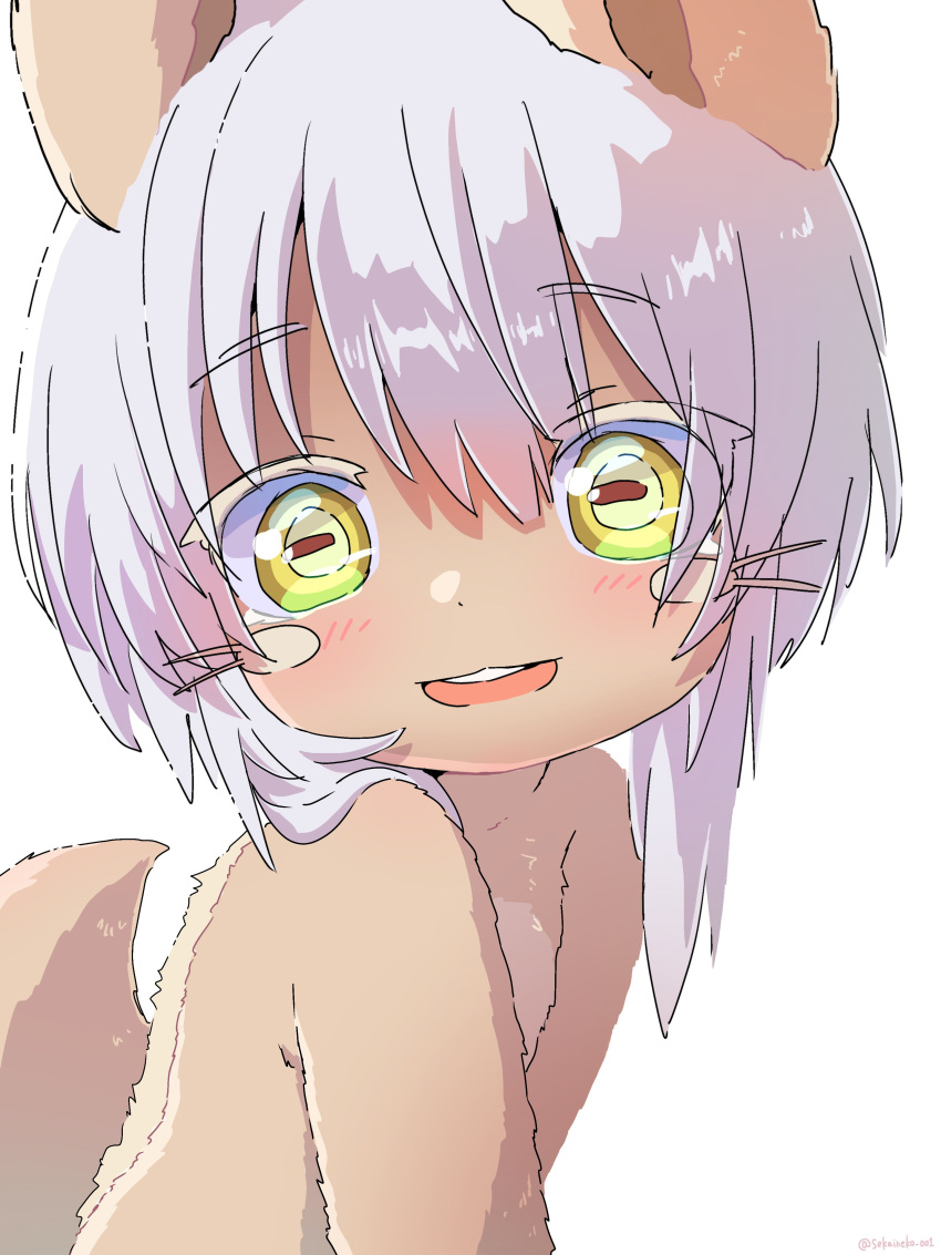 1other absurdres blush body_fur brown_fur furry green_eyes hair_between_eyes hair_over_shoulder highres horizontal_pupils light_smile looking_at_viewer made_in_abyss nanachi_(made_in_abyss) sekaineko_001 tail whiskers white_hair