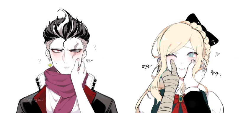 1boy 1girl ;) ? black_bow black_hair black_jacket blonde_hair blush bow bowtie braid cheek_pinching closed_mouth danganronpa_(series) danganronpa_2:_goodbye_despair dress earrings gem green_dress hair_bow heart highres jacket jewelry long_hair multicolored_hair myang-ul_(myangwool) one_eye_closed pinching pink_scarf portrait red_bow red_bowtie scarf shirt smile sonia_nevermind tanaka_gundham translation_request two-tone_hair undercut white_hair white_shirt