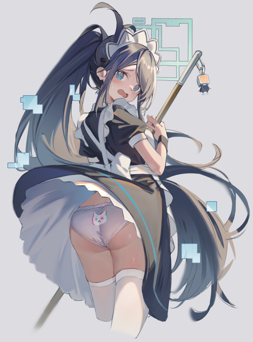 1girl absurdres apron aris_(blue_archive) aris_(maid)_(blue_archive) ass black_dress black_hair blue_archive blue_eyes blush breasts commentary_request dress halo highres long_hair looking_at_viewer looking_back maid_headdress mop open_mouth panties parted_bangs ponytail puffy_short_sleeves puffy_sleeves short_sleeves sidelocks small_breasts solo thighhighs thighs underwear very_long_hair wang_man white_apron white_panties white_thighhighs wristband