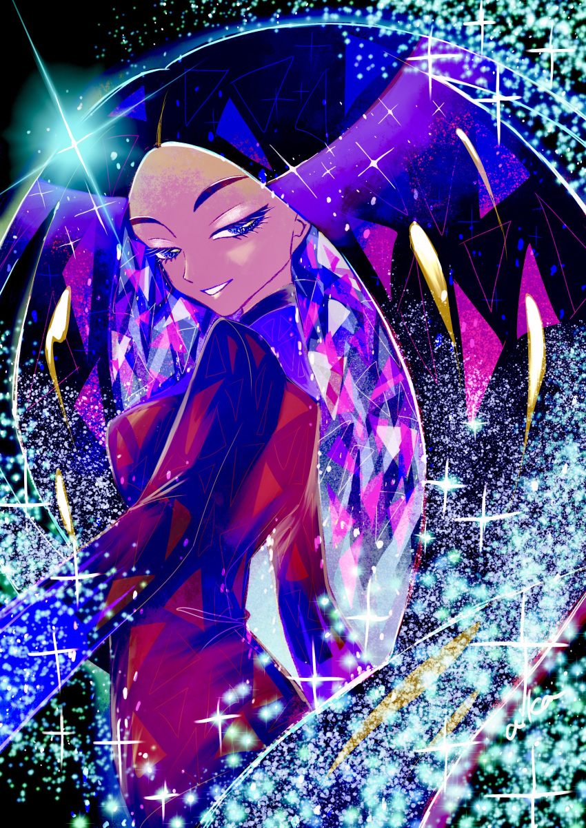 1girl absurdres big_hair black_hair black_jacket blue_eyes breasts colored_inner_hair commentary_request eyelashes forehead from_side geeta_(pokemon) glint grin half-closed_eyes happy highres jacket long_hair long_sleeves looking_at_viewer looking_back medium_breasts multicolored_hair otonoha_aika parted_bangs parted_lips pokemon pokemon_(game) pokemon_sv purple_hair smile solo sparkle standing teeth upper_body very_long_hair