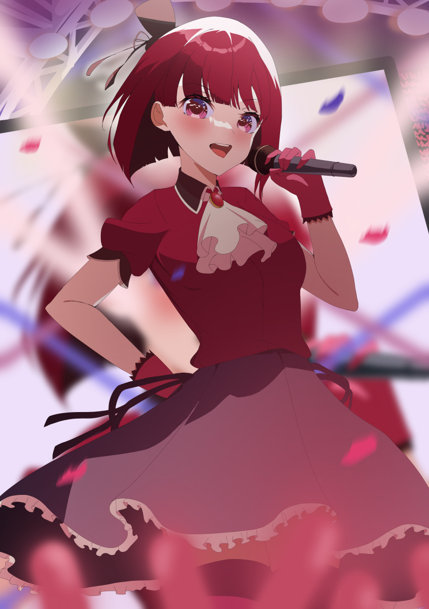 1girl absurdres arima_kana ascot audience blunt_bangs blurry blurry_foreground blush bob_cut collared_shirt commentary cowboy_shot english_commentary floating_hair frilled_gloves frilled_skirt frills gloves glowstick hand_on_own_hip hat highres holding holding_microphone idol idol_clothes inverted_bob looking_at_viewer microphone mini_hat mon_monn motion_blur open_mouth oshi_no_ko pink_gloves puffy_short_sleeves puffy_sleeves purple_skirt red_brooch red_eyes red_hair red_shirt red_thighhighs screen_zoom shirt short_sleeves skirt solo teeth thighhighs upper_teeth_only white_ascot zettai_ryouiki