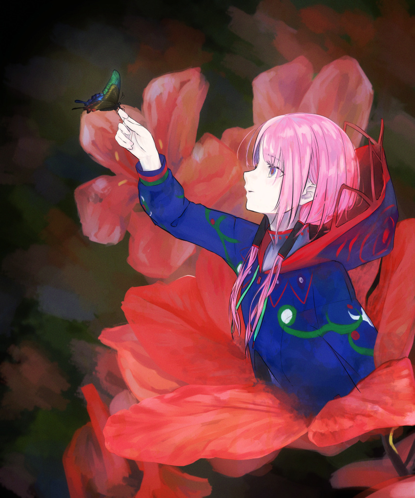 1girl absurdres blue_eyes blue_jacket bug butterfly butterfly_on_hand cropped_torso flower highres hood hooded_jacket jacket kaf_(kamitsubaki_studio) kamitsubaki_studio kken_(cwproject_kt) long_hair long_sleeves low_twintails pink_hair profile red_flower smile solo twintails virtual_youtuber yellow_pupils