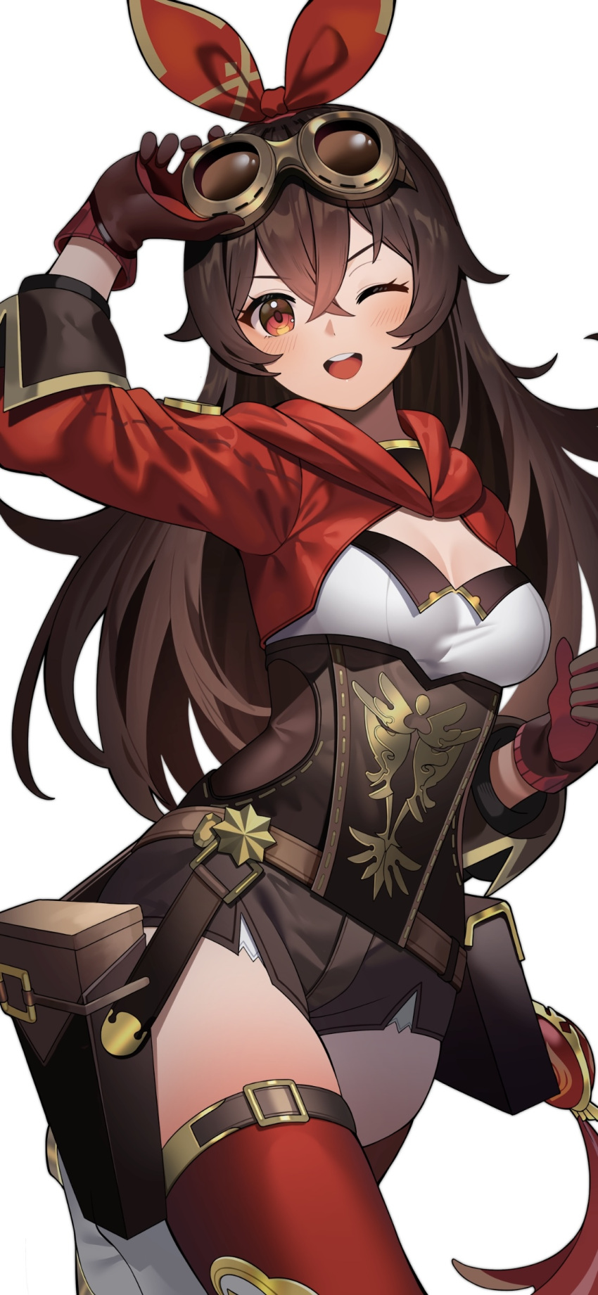 1girl ;d absurdres amber_(genshin_impact) arm_up black_shorts bow bow_hairband breasts brown_eyes brown_hair genshin_impact gloves goggles goggles_on_head hair_between_eyes hair_bow hairband highres long_hair long_sleeves looking_at_viewer medium_breasts one_eye_closed red_bow red_gloves red_hairband red_thighhighs short_shorts shorts shrug_(clothing) simple_background smile solo teeth thighhighs upper_teeth_only white_background yuujin_(yuzinn333)