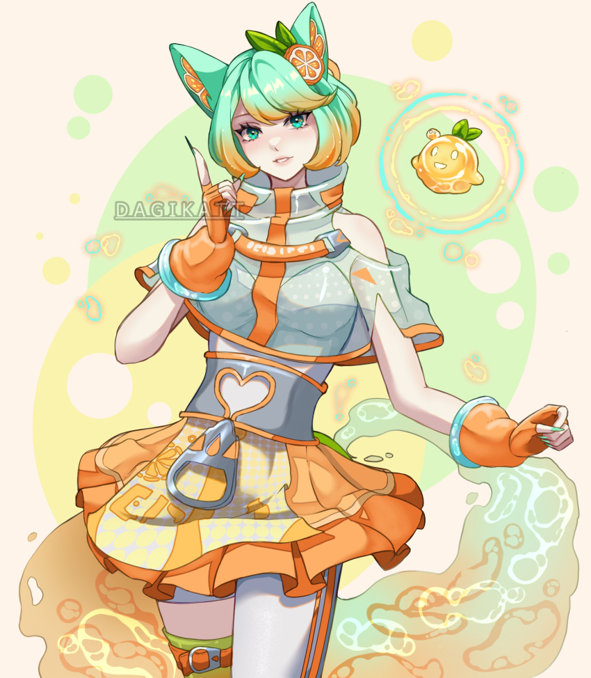 1girl ahri_(league_of_legends) animal_ears artist_name bare_shoulders breasts clothing_cutout cowboy_shot dagikatt fingerless_gloves food fox_ears fox_tail fruit gloves green_hair heart_cutout highres index_finger_raised large_breasts league_of_legends miniskirt orange_(fruit) orange_gloves orange_hair orange_skirt pleated_skirt see-through shirt short_hair skirt solo tail watermark zipper