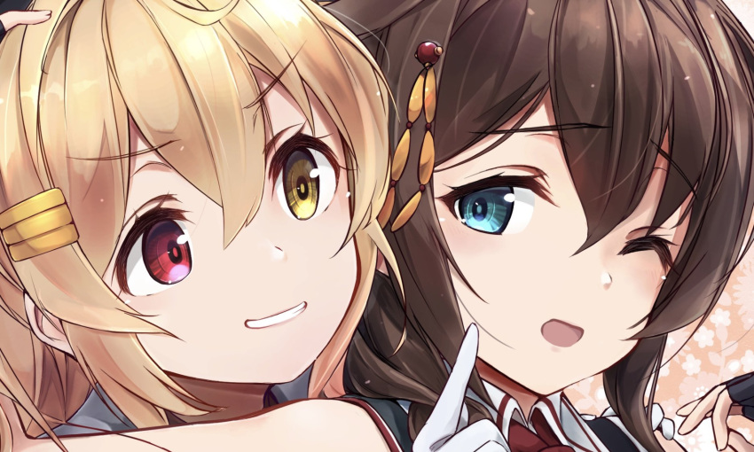 2girls black_gloves black_hair blue_eyes braid brown_eyes close-up fingerless_gloves gloves grin hair_between_eyes hair_flaps hair_over_shoulder heterochromia highres kantai_collection light_brown_hair long_hair minosu multiple_girls murasame_(kancolle) murasame_kai_ni_(kancolle) one_eye_closed poking red_eyes shigure_(kancolle) shigure_kai_san_(kancolle) shirt single_braid sleeveless sleeveless_shirt smile two_side_up upper_body white_gloves