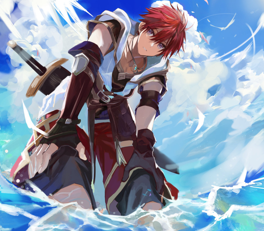 1boy adol_christin bird blue_sky cloud fingerless_gloves gloves huge_weapon jewelry looking_at_viewer necklace ocean purple_eyes red_hair short_hair sky solo sword tatsumikkk water weapon ys ys_x_nordics