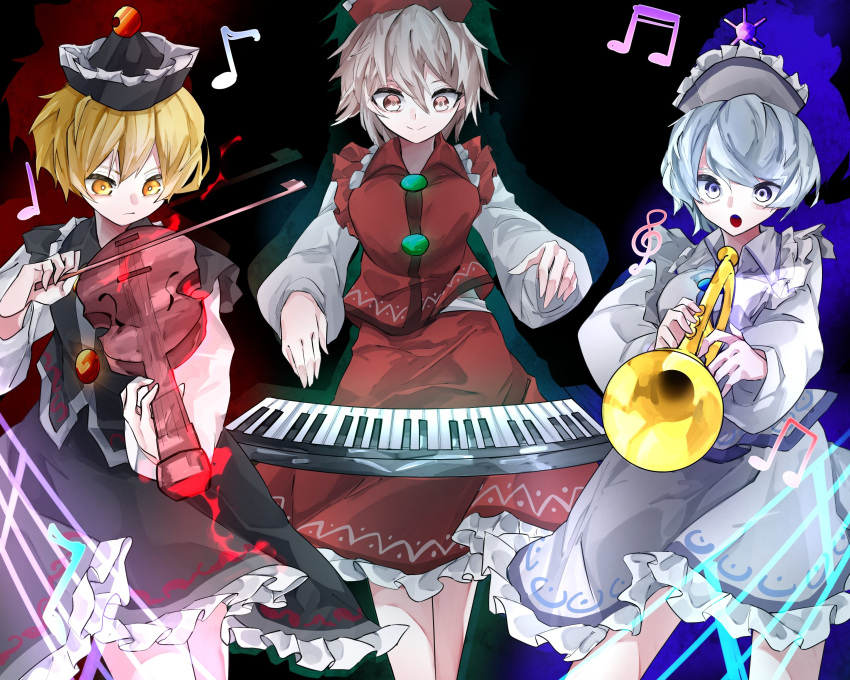 3girls :o absurdres beamed_eighth_notes beamed_sixteenth_notes black_background black_headwear black_skirt black_vest blonde_hair blue_eyes blue_hair bow_(music) breasts brown_eyes buttons crescent crescent_hat_ornament eighth_note grey_hair hat hat_ornament highres instrument keyboard_(instrument) light_blue_hair long_sleeves lunasa_prismriver lyrica_prismriver medium_breasts merlin_prismriver multiple_girls musical_note pink_headwear pink_shirt pink_skirt quarter_note red_headwear red_skirt red_vest shirt short_hair skirt skirt_set smile staff_(music) touhou treble_clef trumpet vest violin vivo_(vivo_sun_0222) white_shirt yellow_eyes