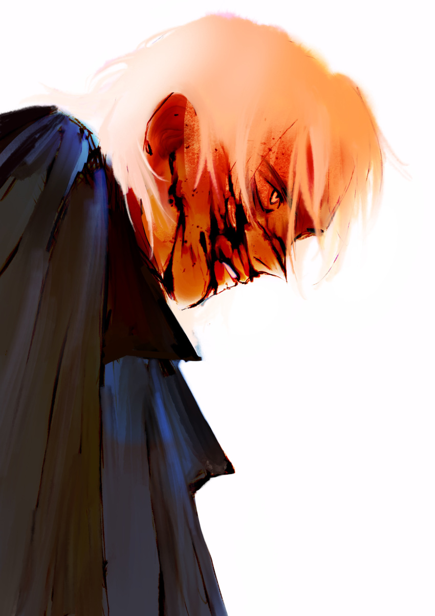 1boy absurdres black_cloak blood blood_on_face blood_splatter cloak commentary cosli from_below from_side gradient_hair head_down highres limited_palette looking_ahead male_focus multicolored_hair orange_hair original parted_lips profile short_hair solo symbol-only_commentary upper_body white_background white_hair yellow_eyes