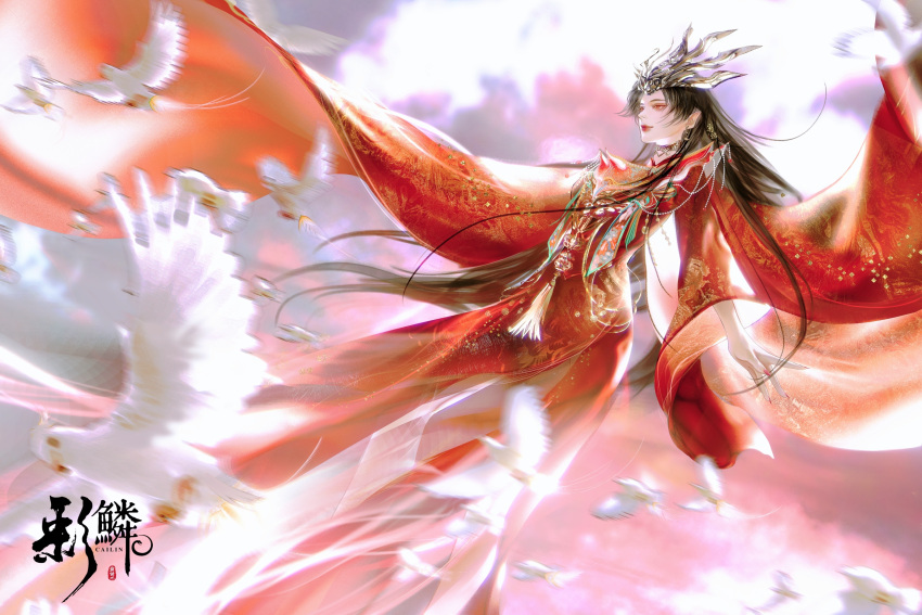 1girl absurdres beads bird brown_hair cai_lin_(doupo_cangqiong) chinese_clothes closed_mouth cloud doupo_cangqiong dress dutch_angle earrings empress from_side highres jewelry long_hair long_sleeves red_dress red_eyes red_nails shan_chuan_yu_yue solo tiara white_bird