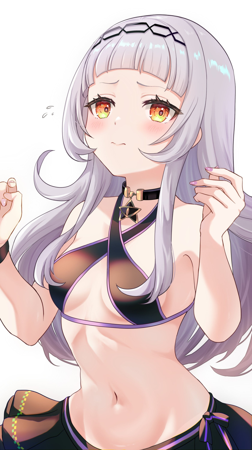 1girl absurdres arched_bangs bare_shoulders bikini bikini_skirt black_bikini black_skirt blush breasts closed_mouth cowboy_shot criss-cross_halter grey_hair hairband halterneck highres hololive kudoukudokudo long_hair looking_at_viewer murasaki_shion murasaki_shion_(hololive_summer_2019) navel no_headwear official_alternate_costume sidelocks skirt sling_bikini_top small_breasts solo stomach swimsuit twitter_suki virtual_youtuber w_arms yellow_eyes