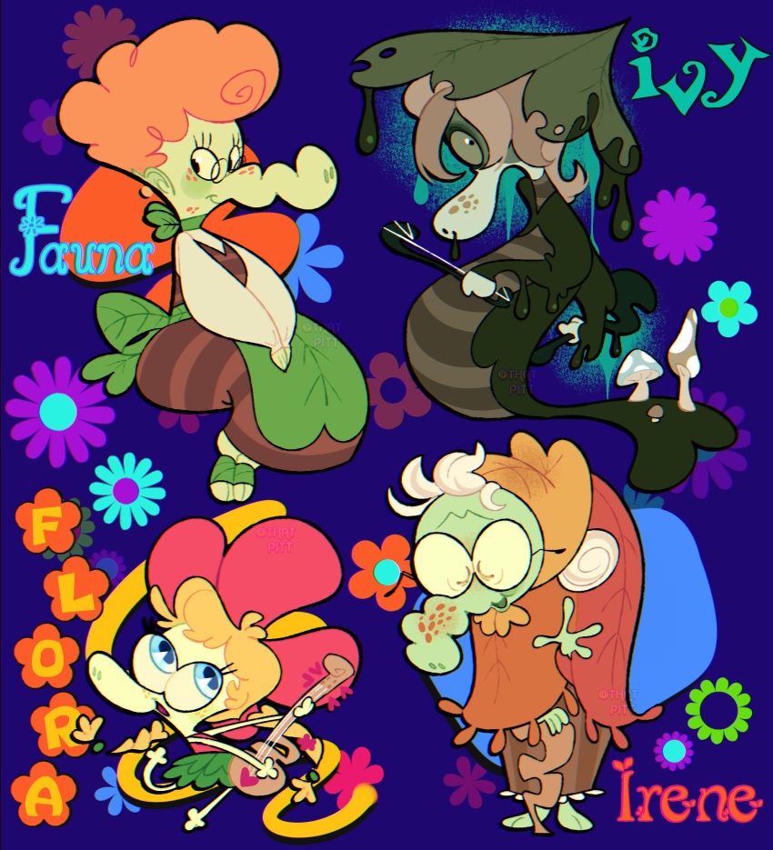 anthro big_blue_bubble character_name clothed clothing elderly_female fan_character female ffidyll_(my_singing_monsters) flower freckles fungus group hi_res leaf mushroom my_singing_monsters old plant scalie snout thatpitt