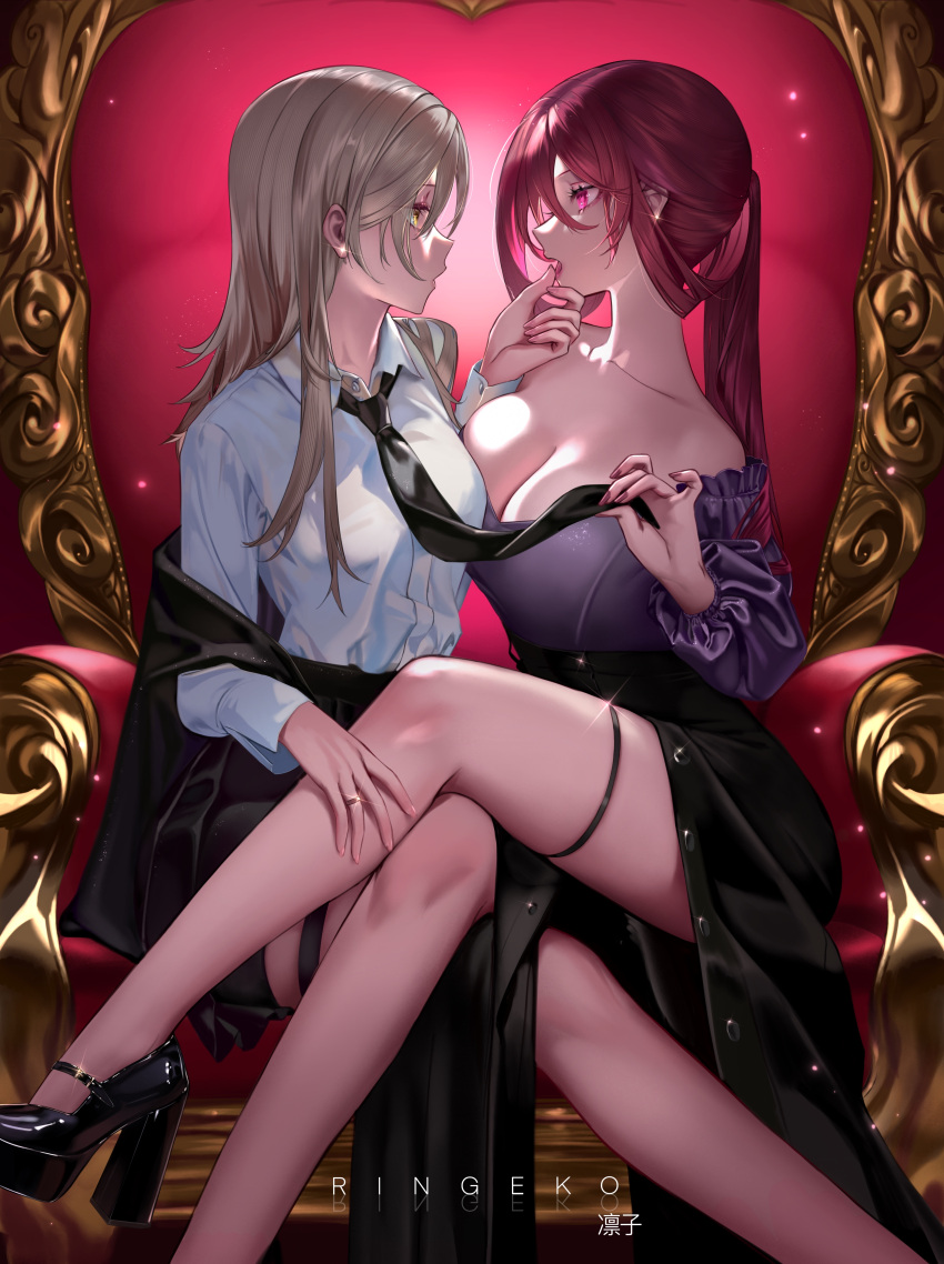 2girls absurdres artist_name bare_shoulders black_skirt blush breasts cleavage collared_bikini crossed_legs eye_contact frilled_shirt frills grabbing_another's_chin hand_on_another's_chin hand_on_another's_leg high_heels highres honkai:_star_rail honkai_(series) jewelry kafka_(honkai:_star_rail) large_breasts legs_on_another's_lap long_hair long_sleeves looking_at_another multiple_girls necktie necktie_grab neckwear_grab open_mouth purple_eyes purple_shirt red_hair ring ringeko-chan shirt sitting skirt stelle_(honkai:_star_rail) thigh_strap trailblazer_(honkai:_star_rail) white_shirt yellow_eyes yuri