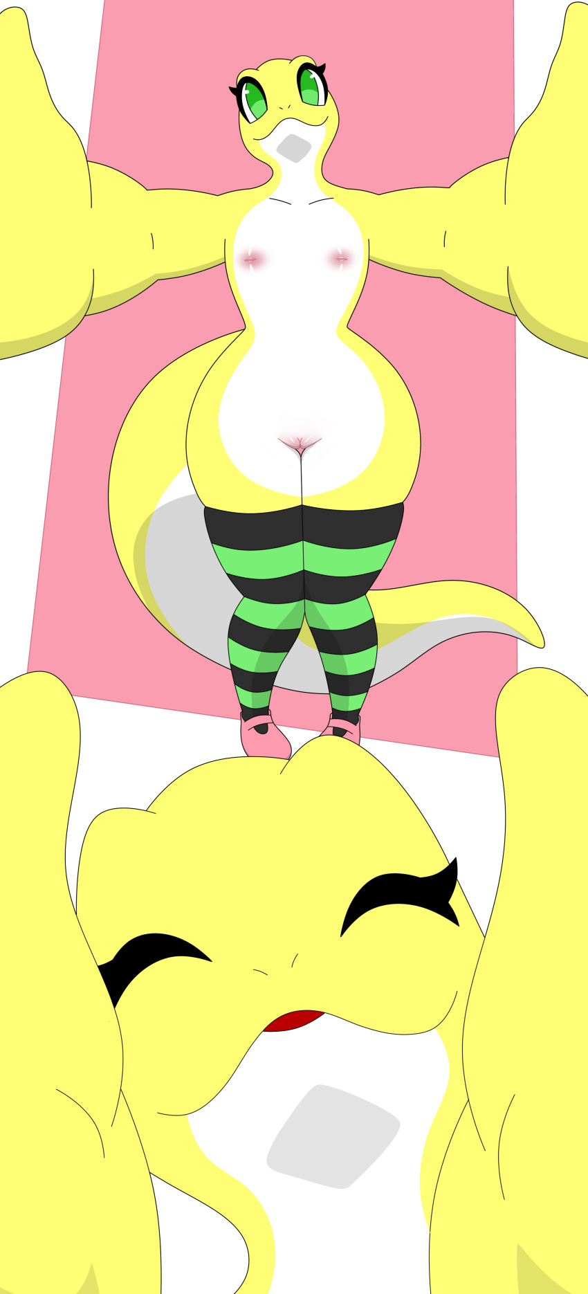 absurd_res anthro breasts clothing female gecko green_eyes heveli hi_res inverted_nipples lagartixa_amarela legwear legwear_only lizard mostly_nude nipples reptile scalie small_breasts solo stockings stockings_only thick_thighs