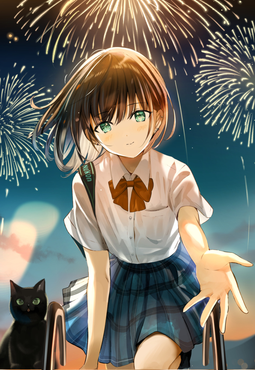 1girl aerial_fireworks black_cat blue_skirt blush bob_cut bow bowtie breast_pocket brown_hair cat collared_shirt colored_inner_hair earrings fireworks foreshortening green_eyes head_tilt highres jewelry kneeling ladder light_blush light_smile looking_at_viewer multicolored_hair night night_sky original outstretched_hand plaid plaid_skirt pleated_skirt pocket reaching reaching_towards_viewer red_bow red_bowtie school_uniform shirt short_hair skirt sky split_mouth strap stud_earrings tasuku_(otomebotan) tsurime white_hair white_shirt