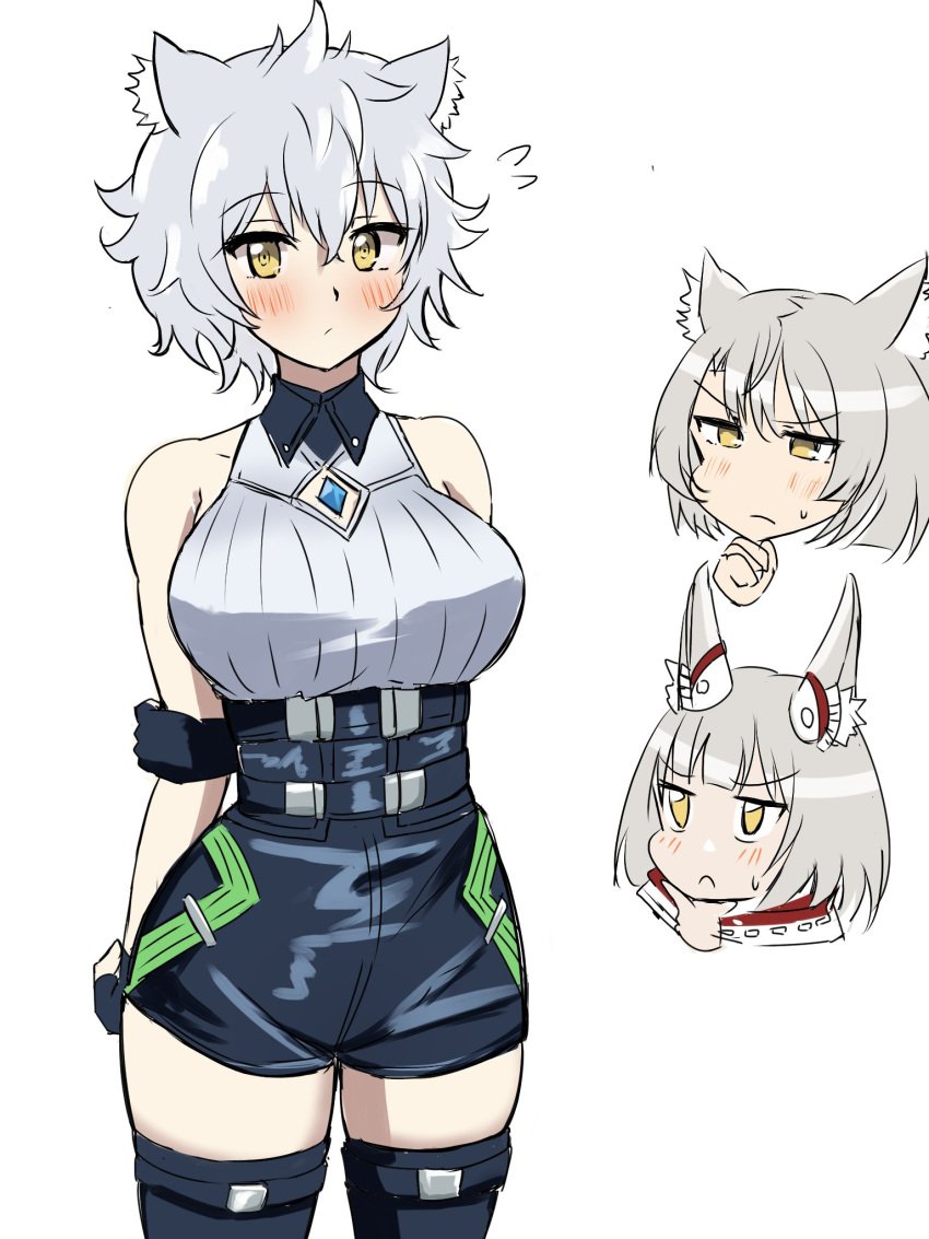 animal_ears blush breast_envy breasts cat_ears cat_girl chest_jewel clothing_cutout confused core_crystal_(xenoblade) crystal diamond_cutout ereka fingerless_gloves gloves high-waist_shorts highres large_breasts looking_at_breasts looking_at_viewer messy_hair mio_(xenoblade) multiple_girls na'el_(xenoblade) nia_(xenoblade) romper short_hair short_shorts shorts simple_background thighhighs white_background xenoblade_chronicles_(series) xenoblade_chronicles_3 xenoblade_chronicles_3:_future_redeemed yellow_eyes