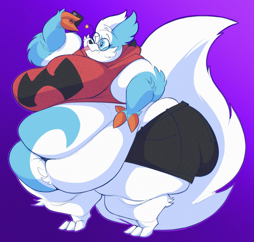 2023 3_toes aimbot-jones anthro big_breasts big_butt biped bottomwear breasts butt claws clothed clothing eyewear feet female generation_3_pokemon glasses hi_res huge_belly huge_breasts huge_butt navel nintendo one_eye_closed overweight overweight_anthro overweight_female phone pokemon pokemon_(species) shiny_pokemon smile solo toes tongue tongue_out topwear wink zangoose