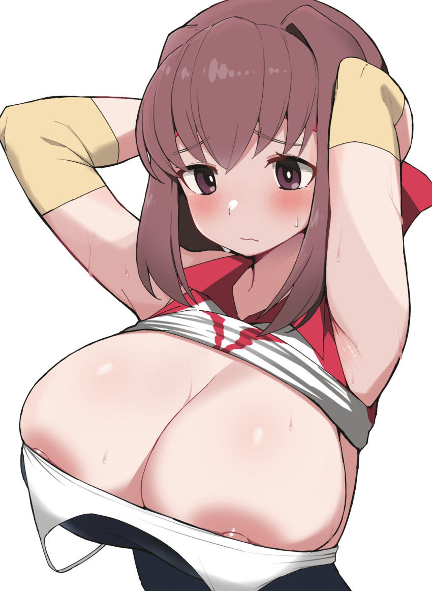 1girl blush breasts brown_eyes brown_hair cleavage closed_mouth clothes_lift clothing_aside elbow_sleeve girls_und_panzer hair_between_eyes headband highres kondou_taeko large_breasts looking_at_breasts medium_hair nipple_slip nipples one-piece_swimsuit red_headband shirt_lift simple_background solo swimsuit swimsuit_aside undersized_clothes water_drop white_background yabai_gorilla