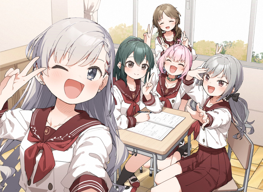 5girls :d ;d ^_^ black_bow bow braid brown_hair chair character_request classroom closed_eyes closed_mouth commentary_request green_hair grey_eyes grey_hair hair_bow highres hisakawa_hayate hisakawa_nagi idolmaster idolmaster_cinderella_girls indoors long_hair looking_at_viewer multiple_girls on_chair one_eye_closed open_mouth pink_hair red_sailor_collar red_skirt sailor_collar school_uniform selfie serafuku shirt short_sleeves single_braid skirt smile table v white_shirt window yukie_(kusaka_shi) yumemi_riamu