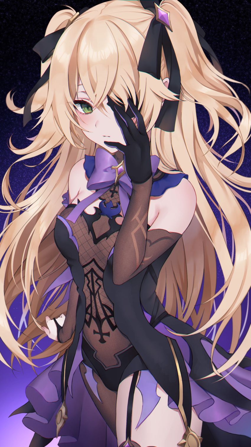 1girl absurdres bare_shoulders bat_ornament black_ribbon blonde_hair blush bodystocking bodystocking_under_clothes bow bowtie breasts chuunibyou collar eyepatch fischl_(genshin_impact) garter_straps genshin_impact gloves green_eyes hair_over_one_eye hair_ribbon highres leotard long_hair looking_at_viewer medium_breasts moy purple_bow purple_bowtie purple_ribbon ribbon simple_background single_glove single_leg_pantyhose single_sleeve single_thighhigh solo tailcoat thighhighs thighs two_side_up