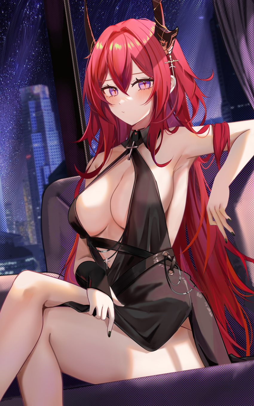 1girl absurdres arknights arm_rest armpits bare_arms bare_shoulders black_dress black_nails breasts center_opening cleavage closed_mouth cocktail_dress couch crossed_legs dress hair_between_eyes halter_dress halterneck highres horns long_hair looking_at_viewer medium_breasts nail_polish night night_sky no_bra purple_eyes red_hair ru_zhai side_slit sitting sky sleeveless sleeveless_dress slit_pupils solo surtr_(arknights) thighs very_long_hair window wing_collar