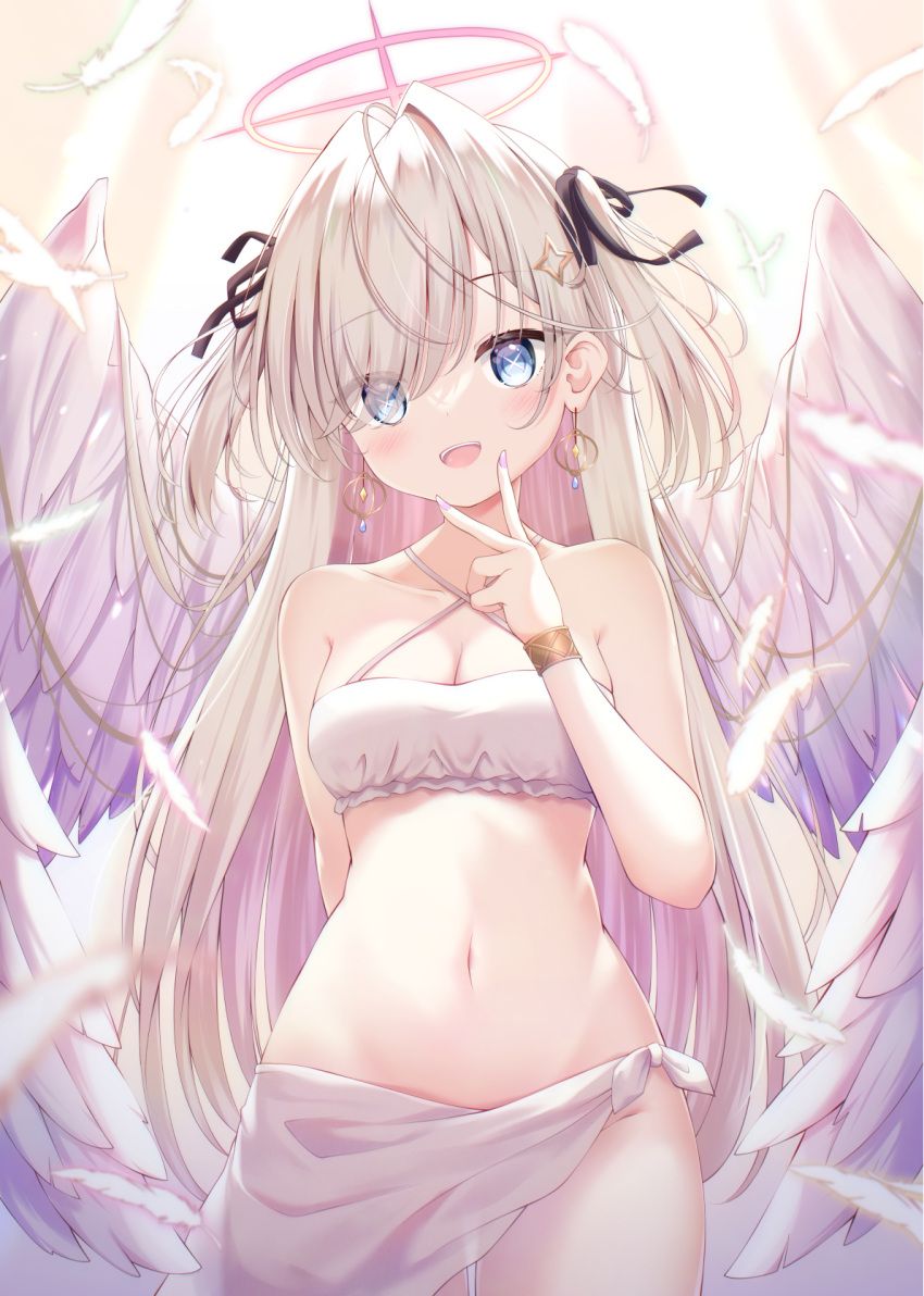 1girl angel angel_wings arm_behind_back bare_shoulders bikini bikini_top_only blonde_hair blue_eyes blush bracelet breasts cleavage cowboy_shot criss-cross_halter earrings eyes_visible_through_hair feathered_wings feathers hair_ribbon halo halterneck hand_up highres jewelry liuliu long_hair medium_breasts navel open_mouth original pink_nails ribbon sarong smile solo stomach string_bikini swimsuit symbol-shaped_pupils two_side_up v v_over_mouth white_bikini white_hair white_wings wings x-shaped_pupils